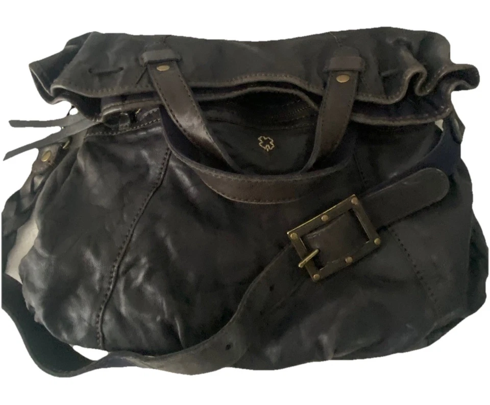 Lucky Brand Lamb Leather Tote Foldover Crossbody Shoulder Bag Deep Blue Black - Image 2 of 4