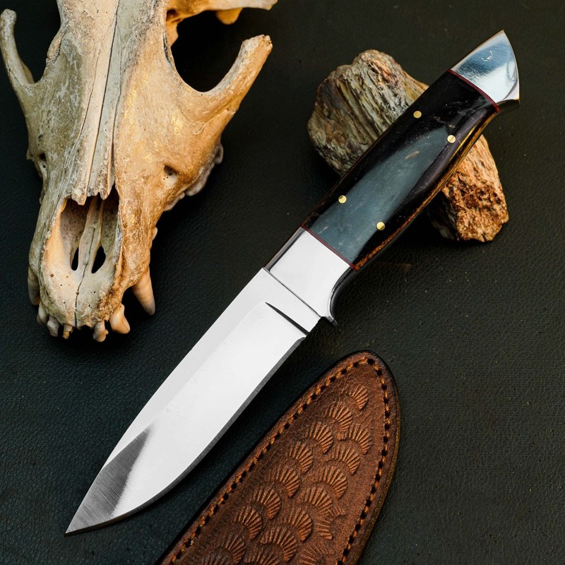 8.7" D2 Steel Hunting Knife Full Tang Resin Handle Fixed Blade Leather Sheath