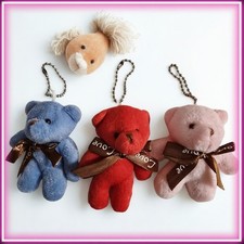 Plush Bear Key Chains with Bow, Blue Red Pink, Women, Set of 3, 10cm