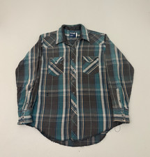 Vintage Wrangler Plaid Western Flannel Shirt Teal Plaid Pearl Snap Size 17-35