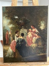 Tableau Ancien XIXe École Française - Scène Galante dans un jardin romantique