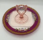 Vintage Depression Glass Tidbit Tray Pink Handle Purple Rim Hand Painted Pansies