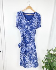 Talbots 10p Blue White Floral Short Sleeve Fit Flare Midi Dress Womens 10 Petite