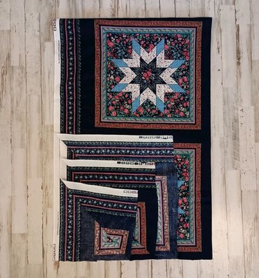 Vintage OZARK CALICOS 8 qty Quilt Blocks Fabric Panel 72'' x 44'' Navy Floral 
