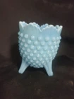 Vintage FENTON BLUE HOBNAIL Egg Shaped Three Footed Milk Glass Vase 4.5”