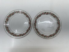 Arcoroc 35 Holiday Plates Set of 2 Holly Berry Glass Dessert Salad Gold Rimmed