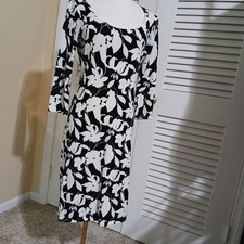 Ann Taylor Medium 5/8-Sleeve Black/White Floral Scoop-Neck Dress Easy Care