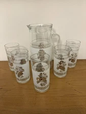 Vintage MCM 6 Piece Pitcher Glasses Set Frosted With Gold Grows Vine Image