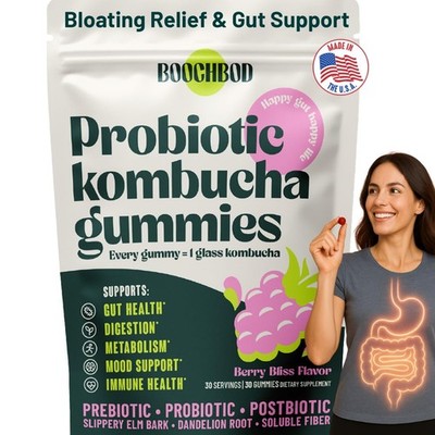 BoochBod  Probiotic Kombucha Gummy  Prebiotics, Probiotics, Postbiotics, Fibe...