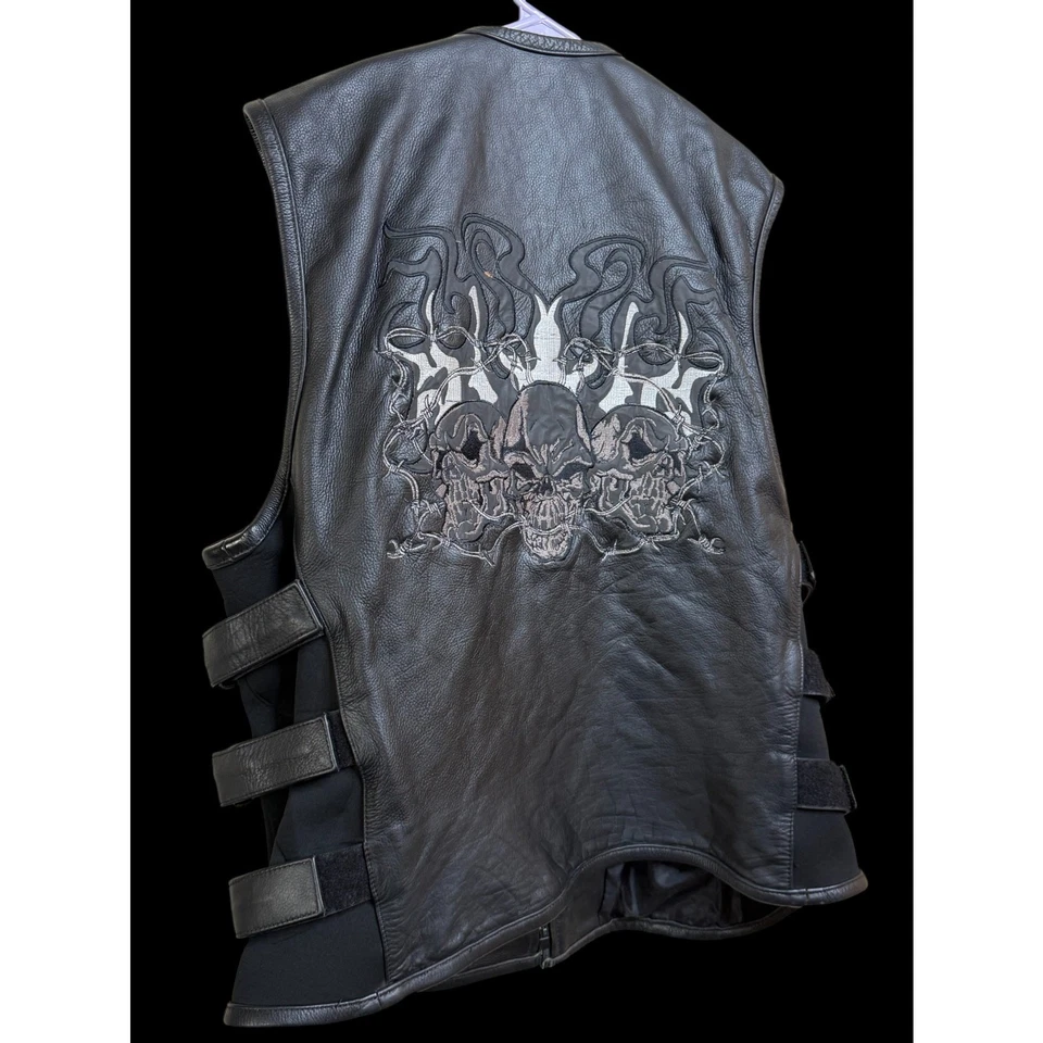 Xelement Skull Fire Heavy Leather Adjustable Biker Motorcycle Vest Sz: XL E7 - Image 3 of 4