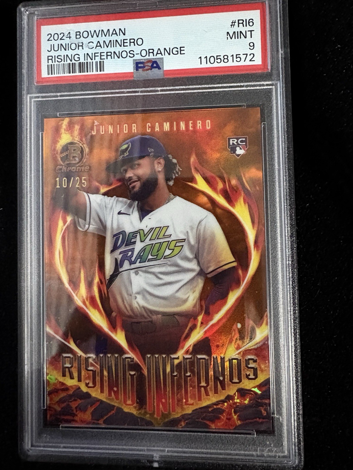 2024 Bowman Rising Infernos Junior Caminero #RI-6 Orange Refractor 10/25 POP 2.