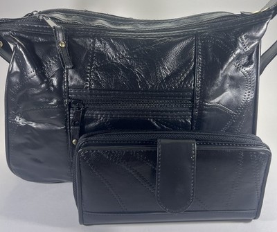 New Black PatchWork Shoulder Bag Crossbody Purse w/ Wallet Set Multi Pocket