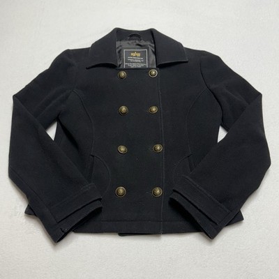 Alpha Industries Pea Coat Womens Small Wool Cashmere Blend Black Jacket Military
