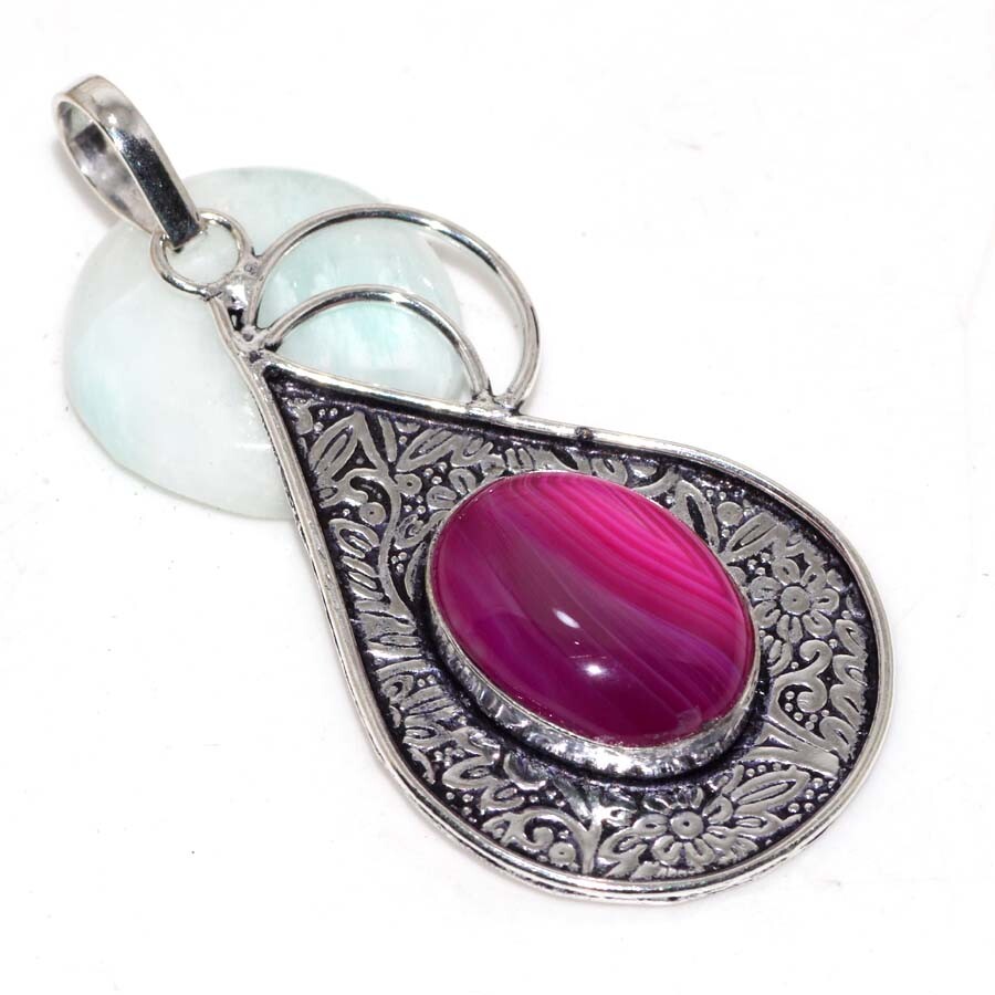 Pink Botswana Agate  925 Silver Plated  Pendant  2.5