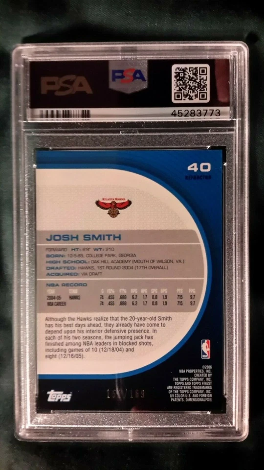 2005 TOPPS FINEST RED REFRACTOR JOSH SMITH CARD #40 PSA 10 #'D 151/169 - Image 2 of 3