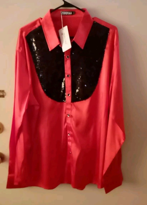 NWT ZEROYAA Men's XL Polyester Satin Sequin Long Sleeve Button-Up Rodeo Shirt 