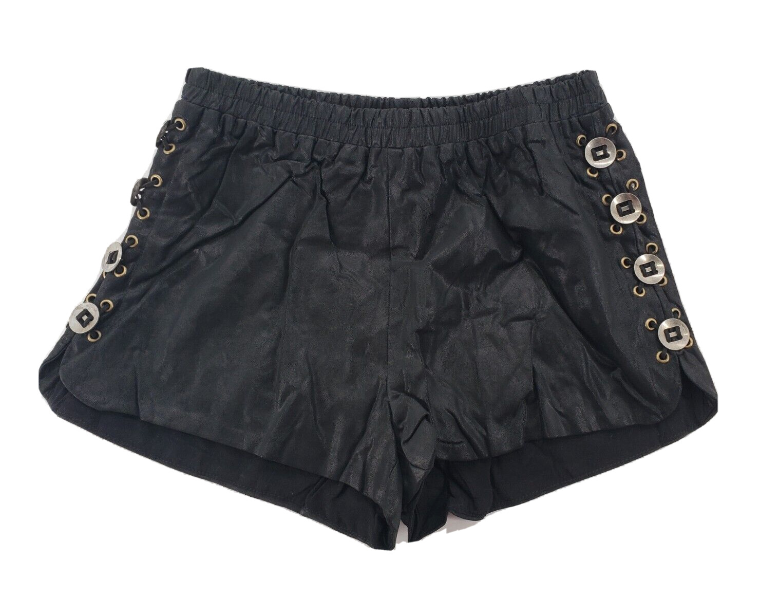 Honey Punch Womens Size S Black Faux Leather Shorts Button Studded Side Trim NWT