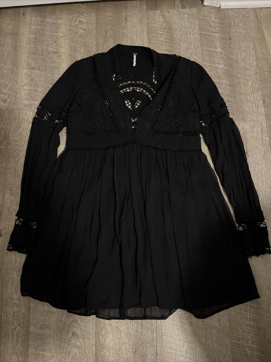 Free People Black Crochet Mini Dress Tunic Top Long Sleeve Size 2