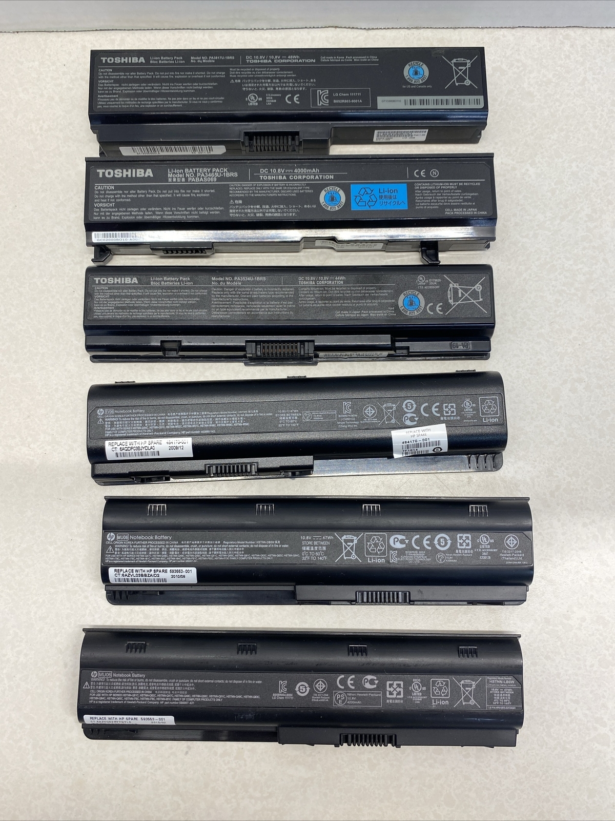 Lot of 6 HP Toshiba Notebook Laptop Batteries MU06 EV06 PA Battery ...