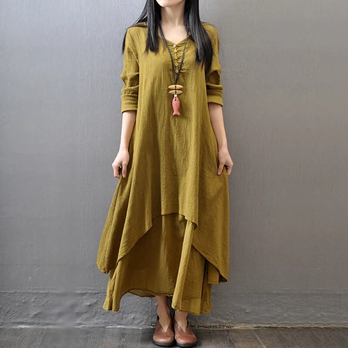 Womens Boho Cotton Linen Dress Long Sleeve Dress Sundress Maxi Dress Casual New - Picture 15 of 23