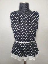 Miss Finch Black and White Polka Dot Sleeveless Pleated Ruffle Hem Peplum Top L 