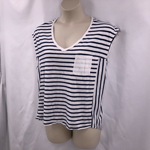 a.n.a. Blusa Top Camisa Mujer Talla XL Blanca Azul Marino Rayas Manga Gorra Dobladillo Alto Bajo - Imagen 8 de 12
