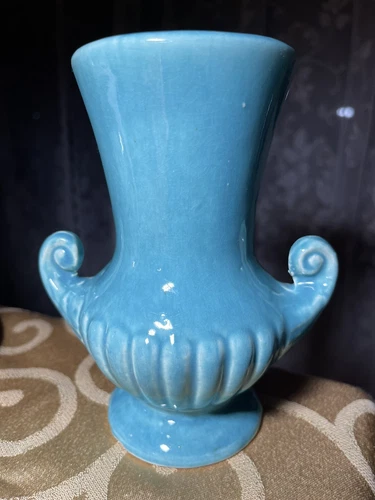 Pretty Vintage McCoy Art Pottery 2 Curled Handle Blue Vase Turquoise