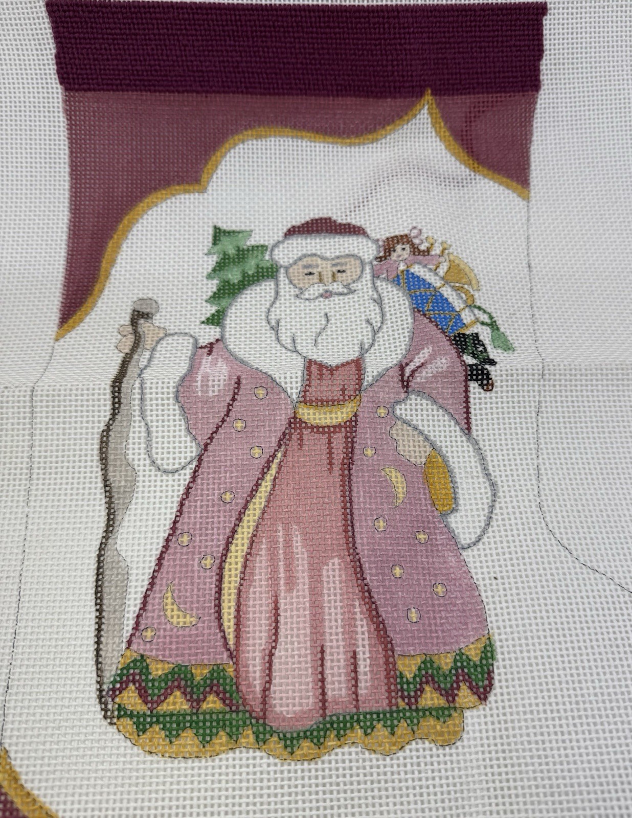 Rosalie Peters Hand-Painted Christmas Sock Santa Needlepoint Canvas Started READ