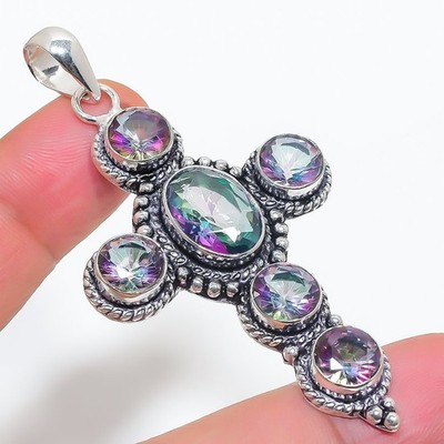 Mystic Topaz Gemstone Handmade 925 Sterling Silver Jewelry Pendant Size 2.5''