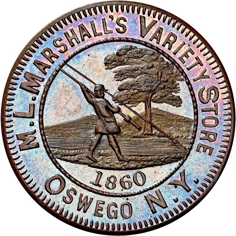 1860 Oswego New York Merchant Token M L Marshall Fishing Tackle NGC MS66 PL