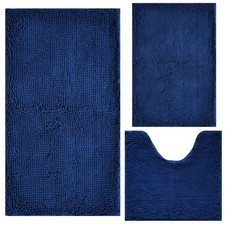 Navy Blue 3-Piece Chenille Extra Soft Absorbent Shag Bathroom Rugs Set Non-Slip