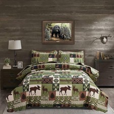 Rustic Quilt Set Queen Bear Moose Forest Animal Coverlet