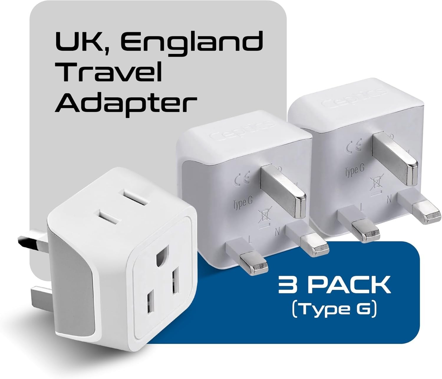 Ceptics UK Travel Plug Adapter, 2-in-1 Type G, US to UK, 3 P