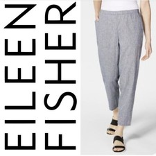 Eileen Fisher 100 Organic Linen Ankle Crop Pants Pockets Heather Blue Large