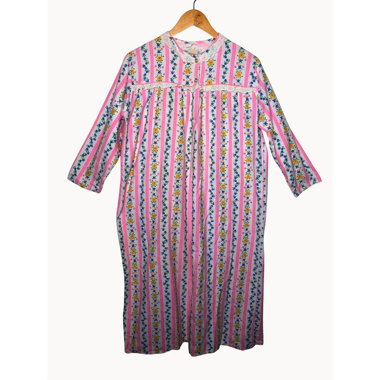 Vintage Pink Floral Flannel Nightgown Small /Medium Sleep Dress Granny Prairie