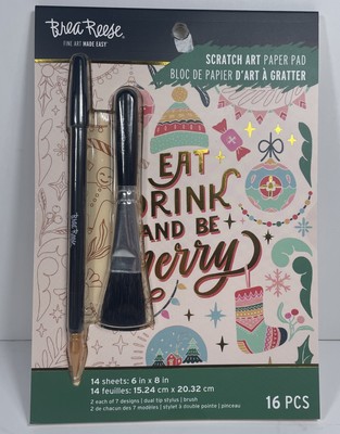 Brea Reese SCRATCH ART PAPER PAD 14 SHEETS 6 x 8'' Stylus & Brush Holiday X-mas