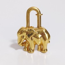 HERMES Elephant Cadena Padlock Key Bag Charm Pendant Top Gold Tone Used, Good 