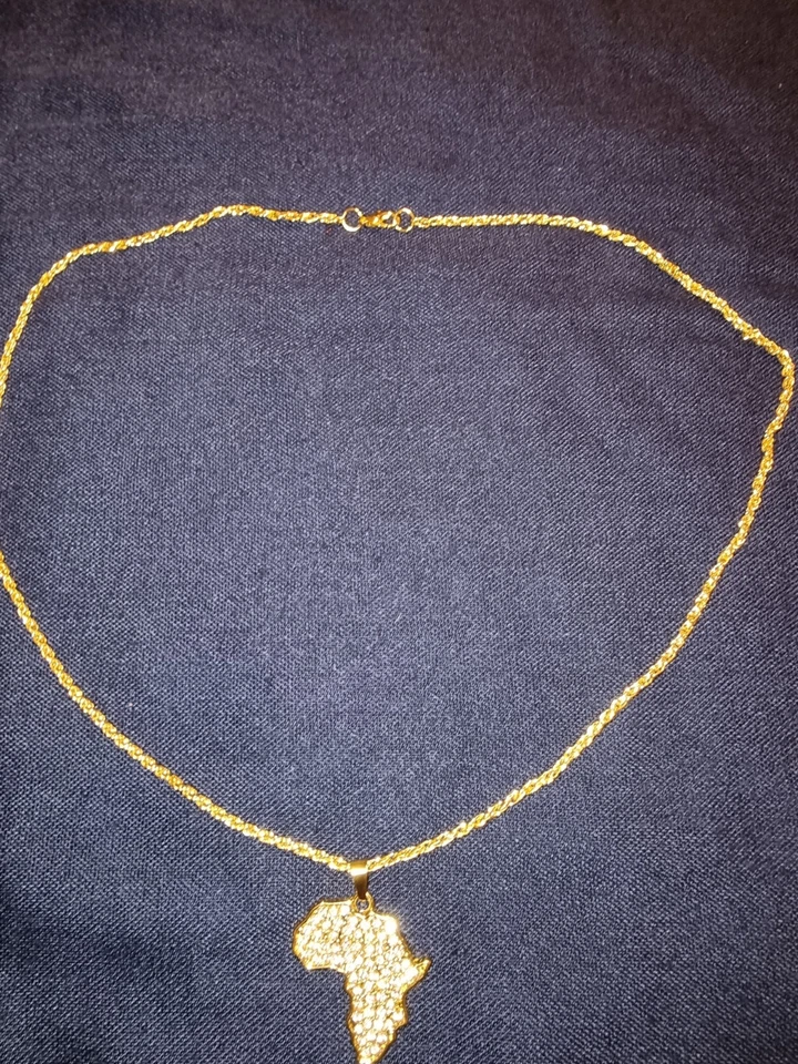 Halskette Damen Herren Schmuck Afrika Karte Anhänger Goldfarben und Edelsteine - Bild 1 von 2