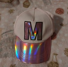 JUSTICE Girls Pink Glitter Holo "M" Rainbow Baseball Cap Style Hat One Size