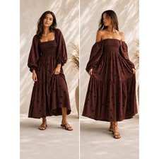 Maxi Vestido Free People Dalia Bordado Pequeño Borgoña Carretera Algodón Boho Nuevo con Etiquetas
