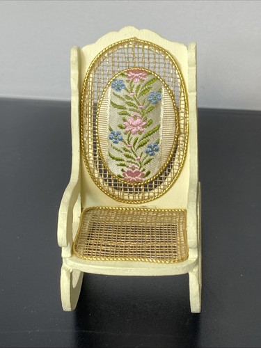 Vintage Mini Wooden Rocking Chair Floral Embroidery Dollhouse Furniture Decor