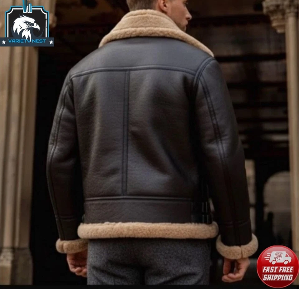 Black B3 Bomber Aviator Flying Pilot Shearling Sheepskin Real Leather Jacket - Image 3 of 4