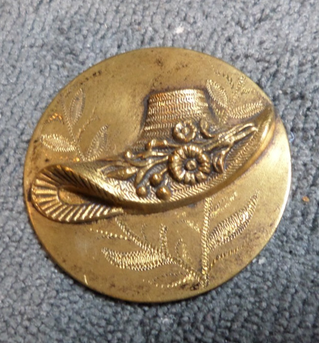 Large Antique Metal Etched Picture Button VICTORIAN LADY'S HAT w/FLOWERS 1-3/4"