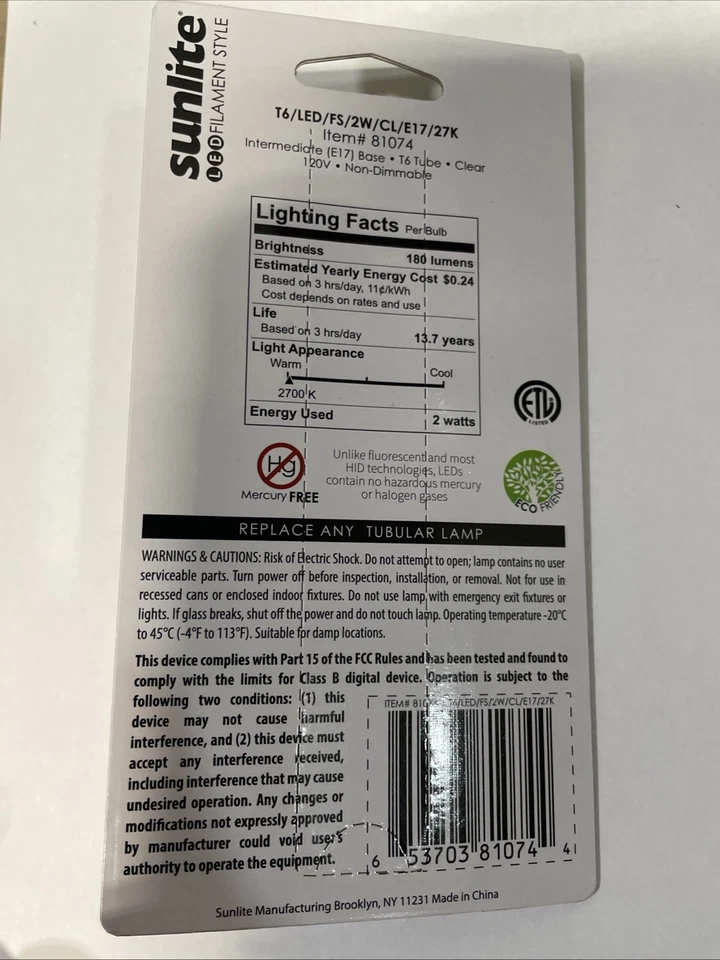 *NEW* Sunlite LED Filament Style T6/LED/FS/2W/CL/E17/27K (81074) - Image 2 of 2