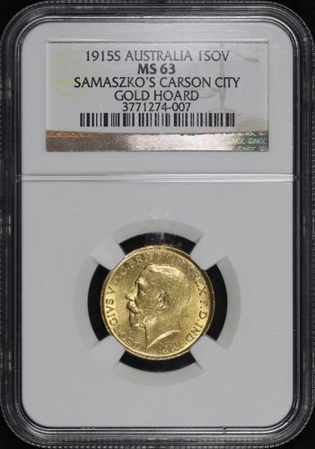 1915S Australia Gold Sovereign NGC MS-63 Samaszko's Carson City Gold Hoard Label