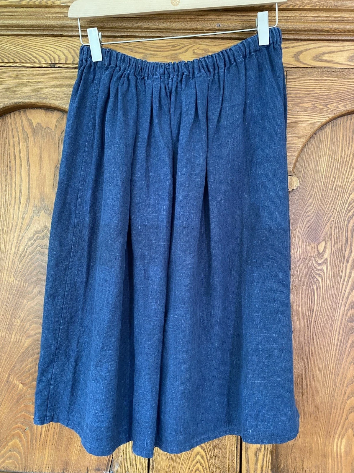 Fog Linen Work OS S M L navy blue rough linen skirt midi knee