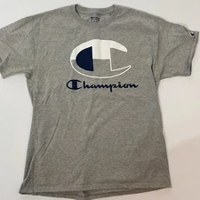 Champion Mens Large T Shirt Gray Crewneck Short Sleeve Big C Logo Tee Spellout