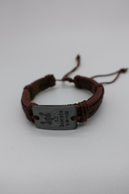 Zodiac medal SCORPIO Leather cord bracelet brown adjustable 