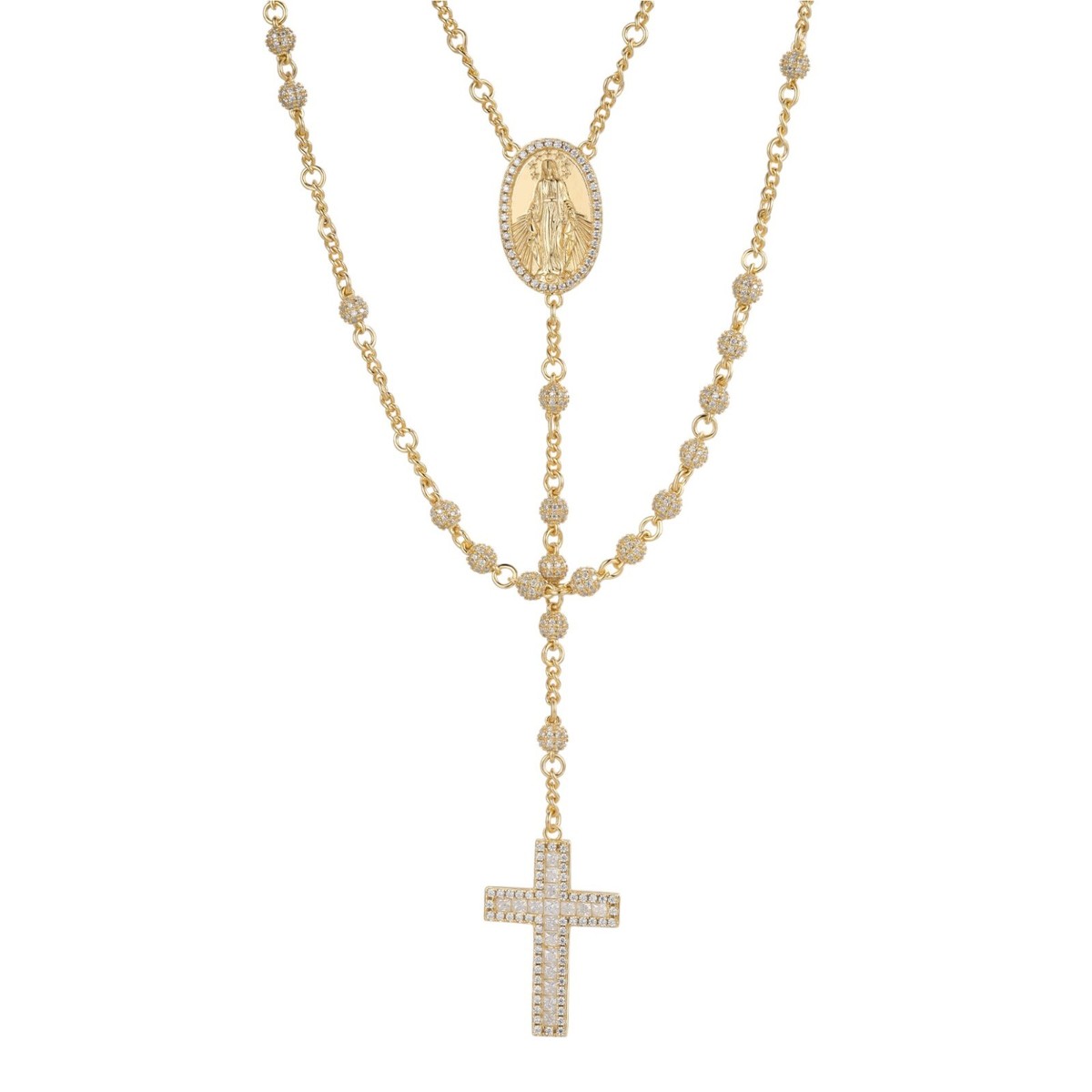 FULLY ICED MOISSANITE Rosary Beads Necklace 14k Gold Over Silver