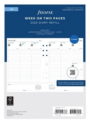 Filofax Diary A5 Refill 2026 - Week On Two Pages Appointment Insert 68521